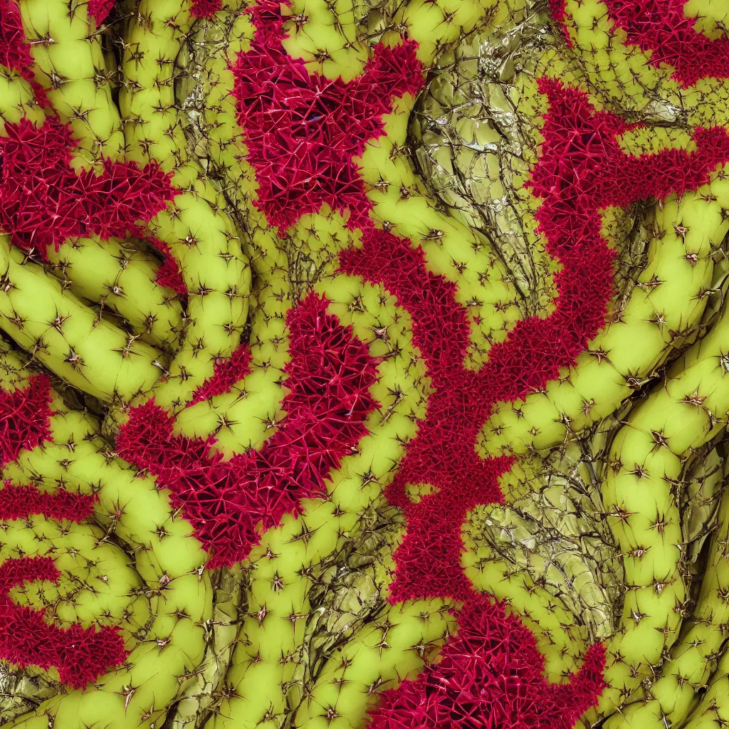 Image similar to high fashion haute couture spiked bananas, and form a complex fractal, cracked, vegetable foliage, with red petals and shiny stems, mesh roots, hyper real, food photography, high quality