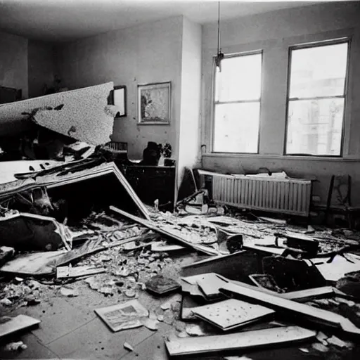 Prompt: The conceptual art shows a scene of total destruction. A room has been completely wrecked, with furniture overturned, belongings strewn about, and debris everywhere. The only thing left intact is a single photograph on the wall. This photograph is the only evidence of what the room once looked like. It shows a tidy, well-appointed space, with everything in its place. The contrast between the two images is stark, and it is clear that the destruction was complete and absolute. camouflage by Martin Deschambault imposing