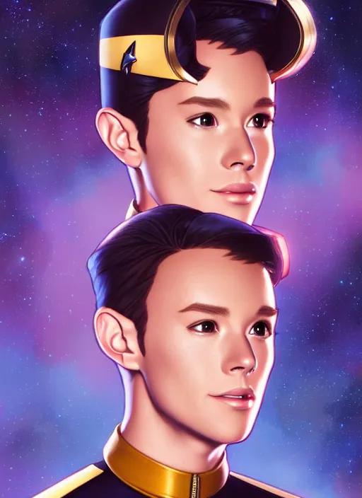 Image similar to cute star trek officer troye sivan, natural lighting, path traced, highly detailed, high quality, digital painting, by don bluth and ross tran and studio ghibli and alphonse mucha, artgerm