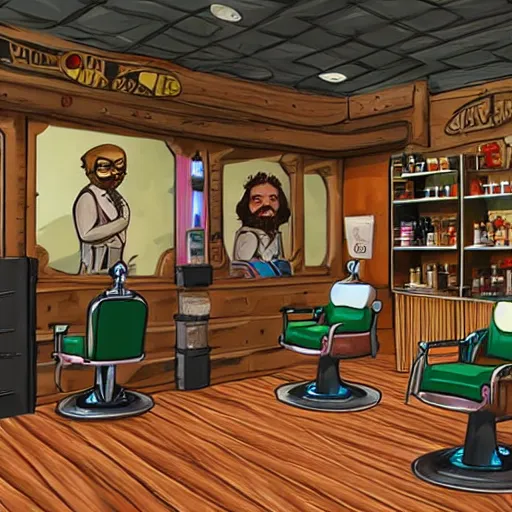 Prompt: A barbershop in the video game Disco Elysium