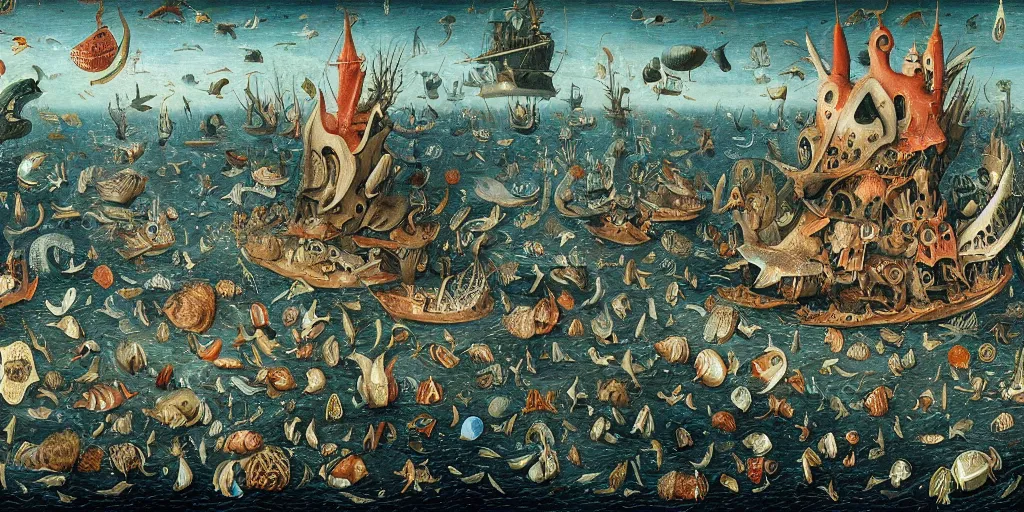 Prompt: thriving marine life in the style of heironymus bosch, beautiful intricate masterpiece, hyper detailed, hd