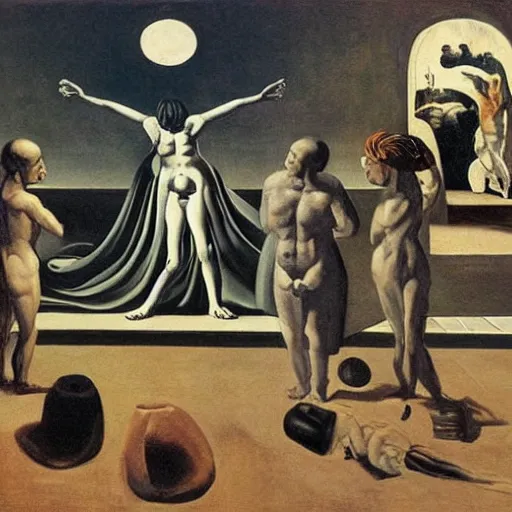 Image similar to the problem of evil, philosopy, by de chirico, by dali, by paula rego, by neo rauch