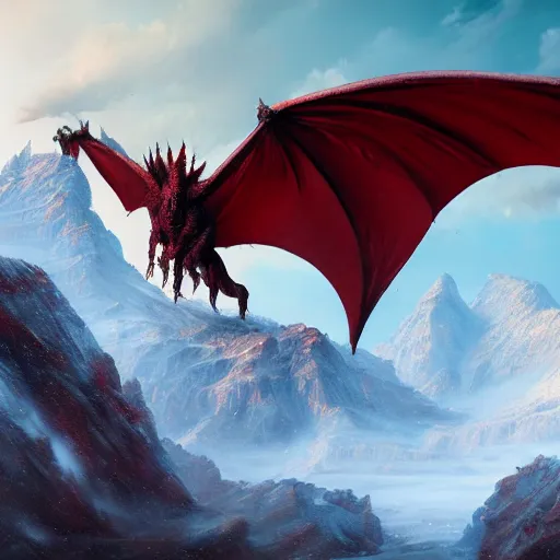 Image similar to a giant red dragon sitting on blizzardy mountains, Matte painting , detailed painting, made by Greg Rutkowski, 4k resolution, atmospheric, extremely high detail