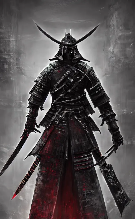 Image similar to a portrait of cyberpunk samurai with double sword, bloodborne concept art, 4 k