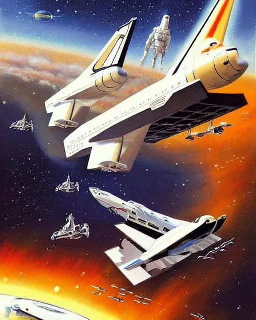 Image similar to a painting of a space shuttle and a space shuttle, concept art by don maitz and by vincent di fate and by robert mccall and by allan brooks and by ron walotsky, trending on pinterest, space art, sci - fi, concept art, redshift