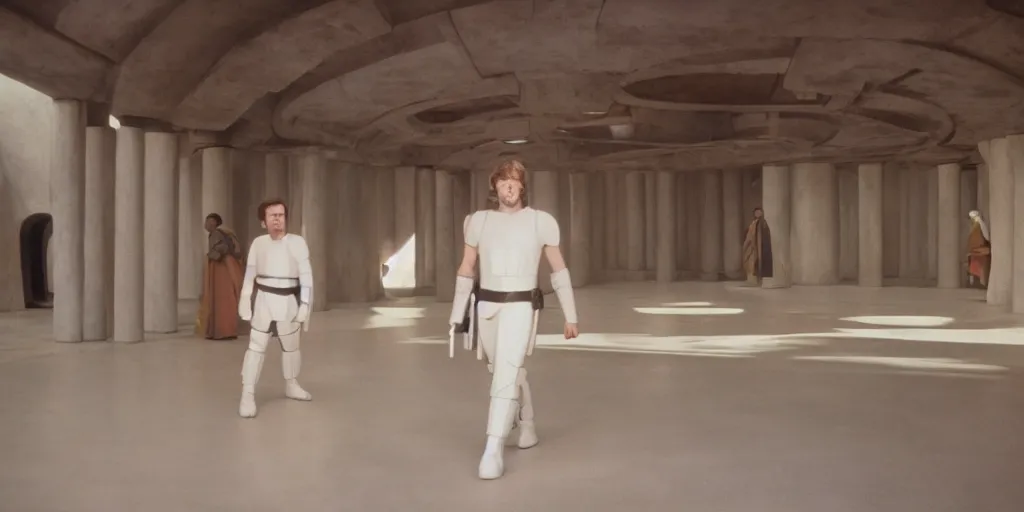 Image similar to screenshot of master Luke Skywalker alone in a a Jedi Temple, 1970s thriller by Stanely Kubrick film, color kodak, ektochrome, anamorphic lenses, detailed faces, moody cinematography