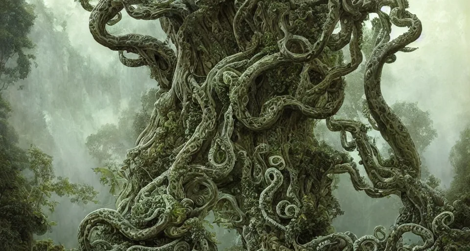 Prompt: elegant marble carving of tentacles, ferdinand knab, breath - taking beautiful trees, streams, flowers, and mist, an aesthetically pleasing, dynamic, energetic, lively, complex, intricate, detailed, well - designed digital art of trees, streams, flowers, and mist, early morning, light and shadow