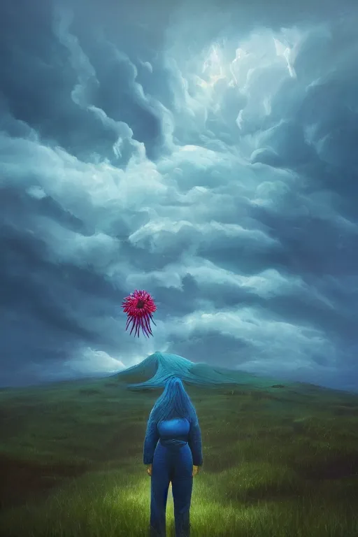 Image similar to closeup giant dahlia flower as head, girl standing on mountain, surreal photography, blue storm clouds, dramatic light, impressionist painting, digital painting, artstation, simon stalenhag