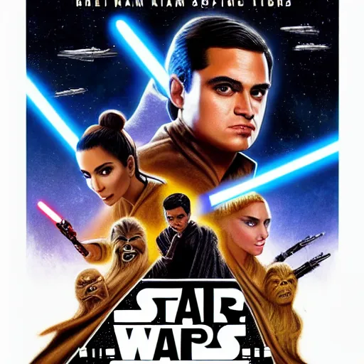 Image similar to super detailed star wars movie poster with ben shapiro, snooki and kim kardashian, 8k full HD photo, cinematic lighting, anatomically correct, oscar award winning, action filled, correct eye placement,