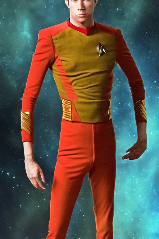 Image similar to full body digital portrait of scrawny captain james t kirk, starfleet uniform, star trek, malnourished, sensual, femmes, smooth, elegant, sharp focus, highly detailed