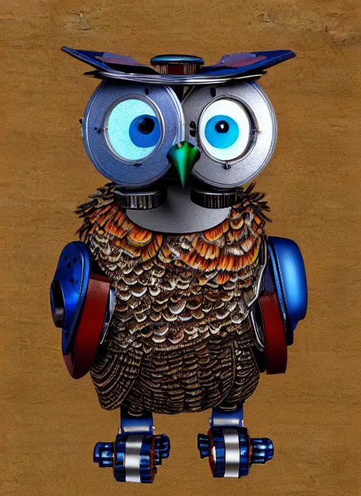 Prompt: colored pencil and pen drawing of an animatronic robot owl, bird made from rusty old keys and padlocks, 8 k photorender realityengine