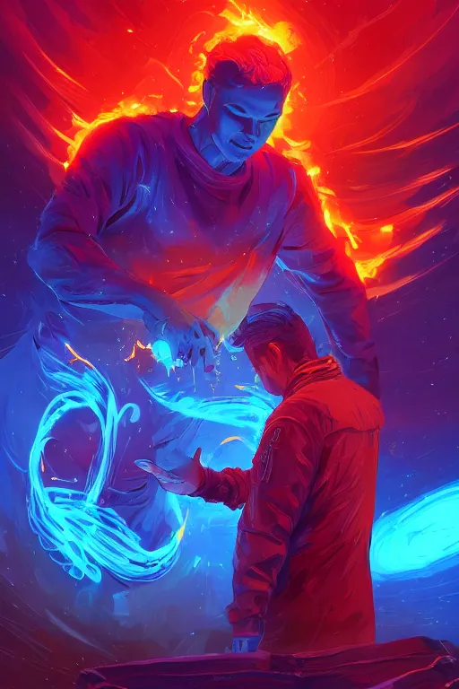 Prompt: the god prometheus handing a man a computer on fire, the fire is made of binary code, digital painting bioluminance alena aenami artworks in 4 k design by lois van baarle by sung choi by john kirby artgerm style pascal blanche and magali villeneuve