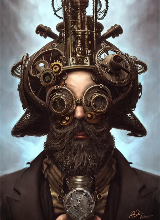 Image similar to portrait of a steampunk bearded king, grim - lighting, high - contrast, intricate, elegant, highly detailed, centered, digital painting, artstation, concept art, smooth, sharp focus, illustration, artgerm, tomasz alen kopera, peter mohrbacher, donato giancola, joseph christian leyendecker, wlop, boris vallejo