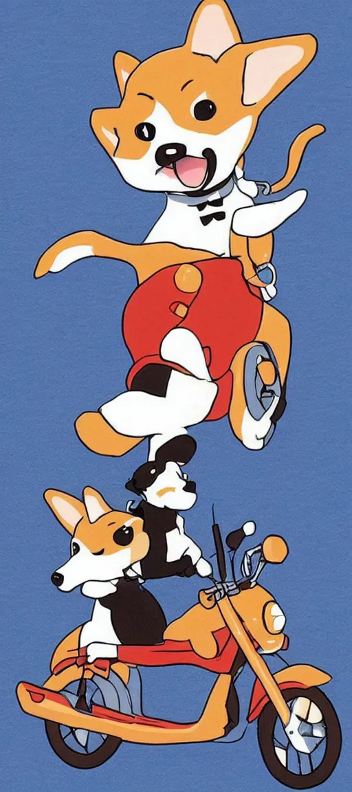 Prompt: A cute corgi riding a motorcycle in the style of Hiroshi Nagai