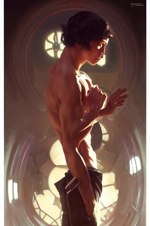 Image similar to canon man performer, realistic painting, symmetrical, highly detailed, digital painting, artstation, concept art, smooth, sharp focus, illustration, cinematic lighting, art by artgerm and greg rutkowski and alphonse mucha