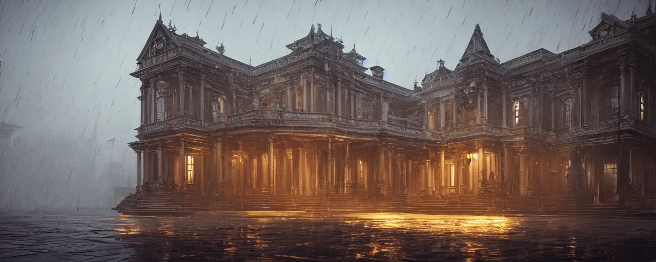 Image similar to victorian architecture, wood, marble, steam, rain, night, dramatic lighting, lightning bolt, trending on Artstation, 8k, highly realistic, hyper detailed, unreal engine 5, IMAX quality, realistic, cinematic, epic lighting, realistic, in the style of Zaha Hadid