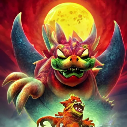 Image similar to Kaiju Bowser roaring into the sky, anime key visual, silent Hill, ruined kingdom, horror, super Mario