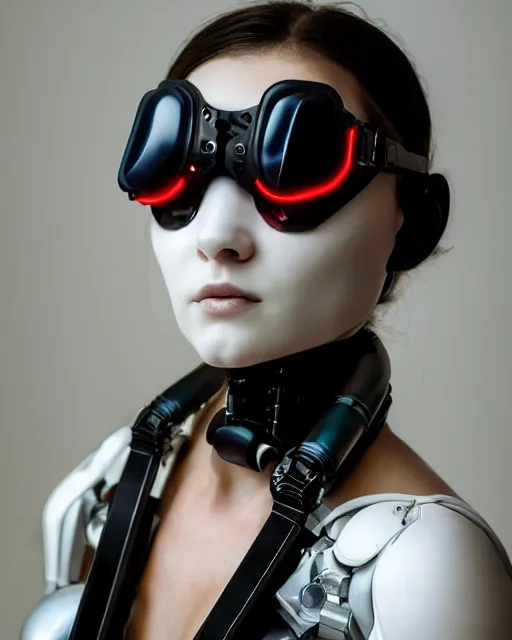 Prompt: 3 / 4 portrait photo by bouguereau of female dancer as a cyberpunk mecha humanoid robotic parts wearing goggles with straight led lights over neck, inside white room, ultra - realistic and detailed, 8 k