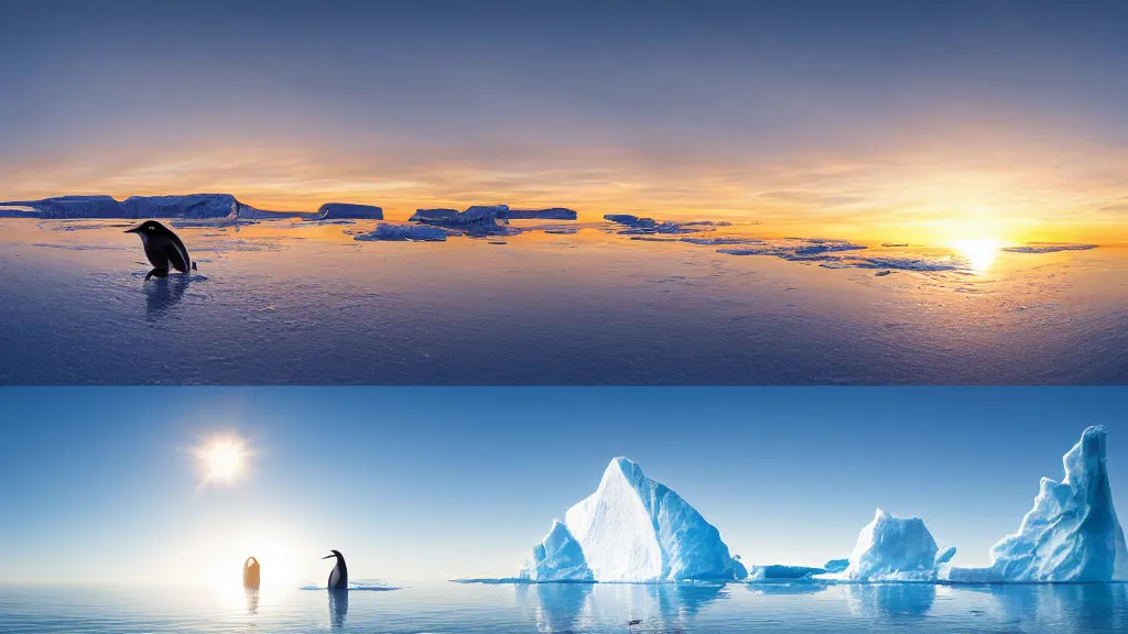 Image similar to photo of the most beautiful panoramic landscape, where a giant iceberg is lost in middle of the artic ocean, a giant penguin is exhaling steam while walking over the iceberg, there is nothing else, the artic ocean is reflecting the giant penguin over the iceberg and the ray lights of the sunset are brightening him, award winning photo, minimal style, by frans lanting