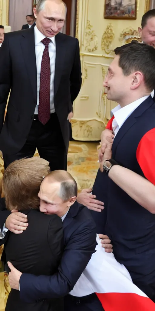 Prompt: Vladimir Putin gives Volodymyr Zelenskyy a great big hug