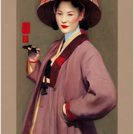 Image similar to woman wearing a chinese hat, by j. c. leyendecker