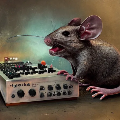 Image similar to a rat cyborg playing with a tb-303 synthesizer, by ruan jia