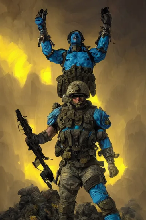 Image similar to special forces soldier with ukrainian blue yellow flag standing on a pile of skulls as a winner, masculine figure, d & d, fantasy, bright atmosphere, volumetric lights, intricate, elegant, extremely detailed, digital painting, artstation, concept art, matte, smooth, sharp focus, hyper realistic, illustration, art by artgerm and greg rutkowski and alphonse mucha