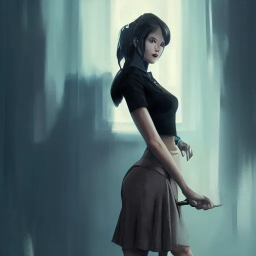 Prompt: swedish bar maid, tattoos, black t - shirt, black skirt, detailed portrait, intricate complexity, by greg rutkowski, artgerm, ross tran, conrad roset, takato yomamoto, ilya kuvshinov. 4 k, beautiful, cinematic dramatic atmosphere