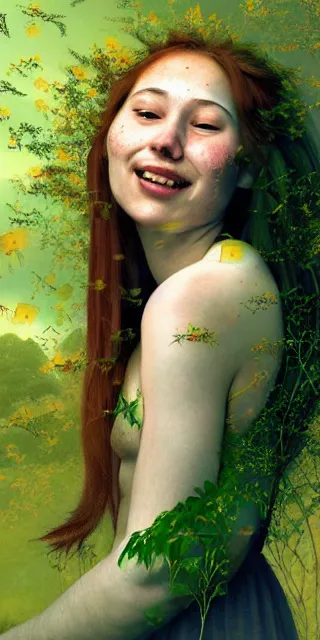 Image similar to infp young woman, smiling amazed, golden fireflies lights, amidst of nature fully covered, long loose red hair, intricate linework, bright accurate green eyes, small nose with freckles, oval shape face, realistic, expressive emotions, dramatic lights spiritual scene, ultrafine art by artemisia gentileschi, caravaggio, jessica rossier, boris vallejo