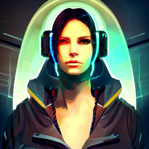Image similar to portrait of a beautiful cyberpunk hacker girl with cybernetic eyes, sci - fi, dystopian, high contrast, digital painting, artstation, dark lighting, vivid colour, sharp focus, edgy, film grain, depth of field