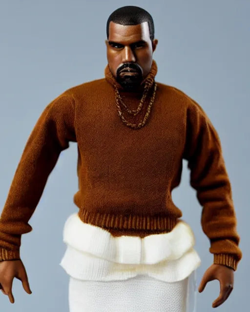 Image similar to 1970s action figure of Kanye West, product photography, plastic toy, white background, isolated background, studio lighting