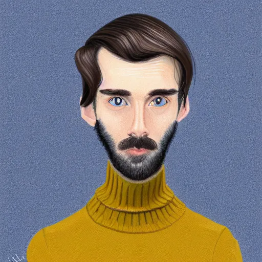 Prompt: gangly man with short dark blond wavy hair, dark blond short beard, no mustache, English heritage, blue eyes, middle aged, wearing a turtleneck and jacket, pale skin, narrow face, digital art, painterly, cartoon, cute, 8k, illustration, art by loish, painterly, trending on artstation, medium shot, uncropped