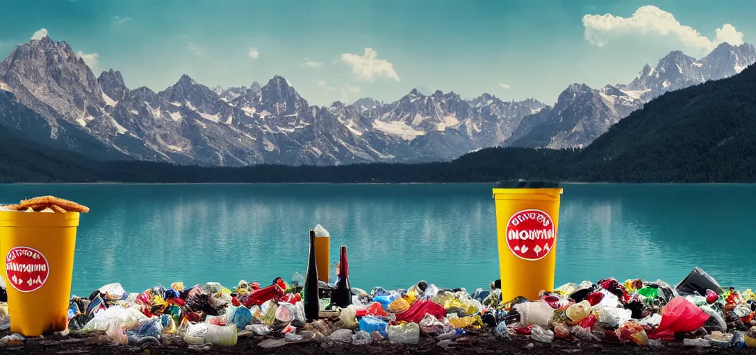 Prompt: a very high resolution image from a new movie. mountains, lake, garbage plastic, fast food, photorealistic, photography, directed by wes anderson