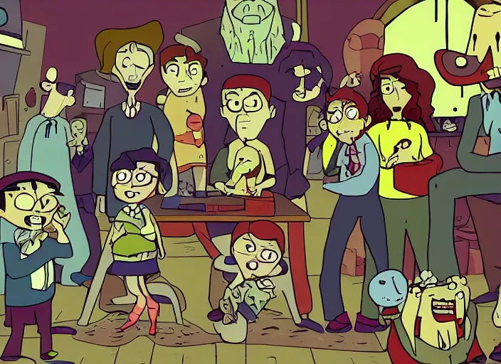 Image similar to still from animated horror movie, animated movie shot, in style of gravity falls