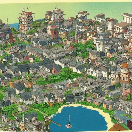 Prompt: a town designed by hayao miyazaki, studio ghibli