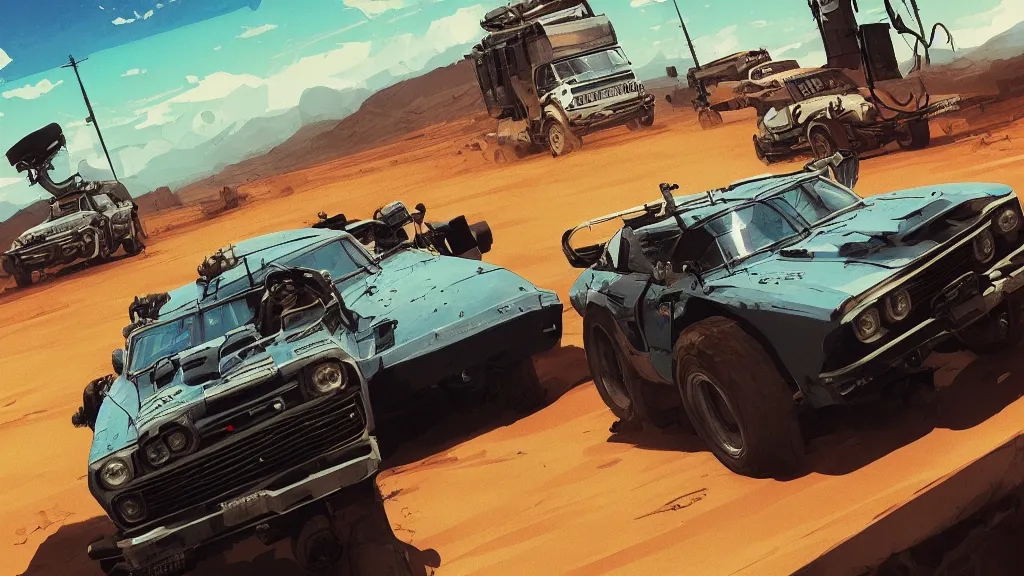 Image similar to digital illustration of mad max's fj 4 0 pursuit special, the last v 8 interceptor driving down a deserted cyberpunk highway in the middle of the day by studio ghibli, anime style, by makoto shinkai, ilya kuvshinov, lois van baarle, rossdraws, basquiat