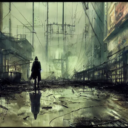 Image similar to lost and alone in an industrial wasteland screaming cyberpunk, wires, machines by emil melmoth zdzislaw belsinki craig mullins yoji shinkawa realistic render ominous detailed photo atmospheric by jeremy mann francis bacon and agnes cecile ink drips paint smears digital glitches glitchart