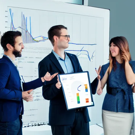 Image similar to An award-winning photograph of a group of data scientists presenting some terrible graphs to the laughing CEO