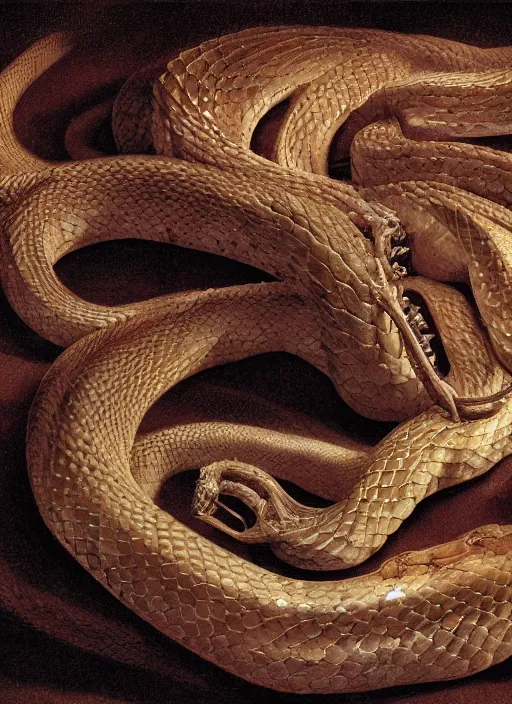 Image similar to portrait of a demonic snake with translucent skin, visible muscles and veins and arteries and bones and spines and nerves, beautiful detailed intricate insanely detailed octane render, 8k artistic photography, photorealistic, chiaroscuro, by David Cronenberg, Raphael, Caravaggio