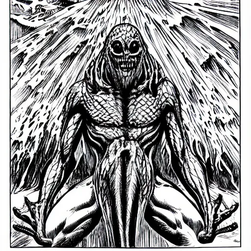 Image similar to clean simple line art of a terrifying monster from folklore. no background. well composed, clean coloring book page, beautiful detailed art. coloring book line art by steve ditko and jack kirby and greg rutkowski