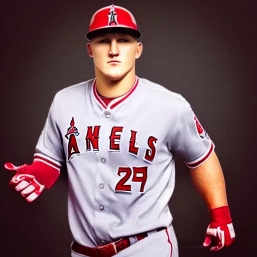 Image similar to “a realistic detailed photo of a guy who is named Mike Trout a baseball player, frozen like a statue, with shiny skin”