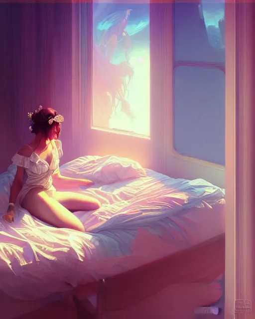 Image similar to emily rajtkowski, vaporwave, bedroom, highly detailed, digital painting, artstation, concept art, smooth, sharp focus, illustration, art by artgerm and greg rutkowski and alphonse mucha