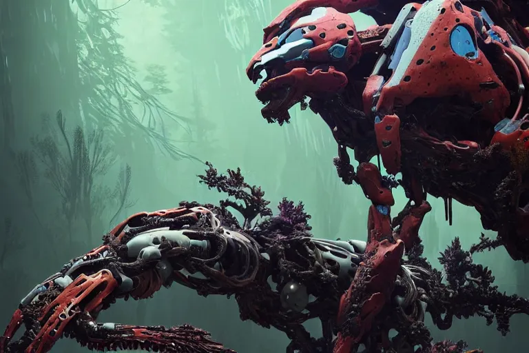 Image similar to portrait of a posed hyper detailed complex, plowhorn evangelion realistic mechanical and fleshy organic creature similar look as horizon forbidden west horizon zero dawn bioluminiscence in a dark deep forest at dawn in spring, with reflection and textures, by kilian eng, substance painter reaslitic mech surface metal painted scratches