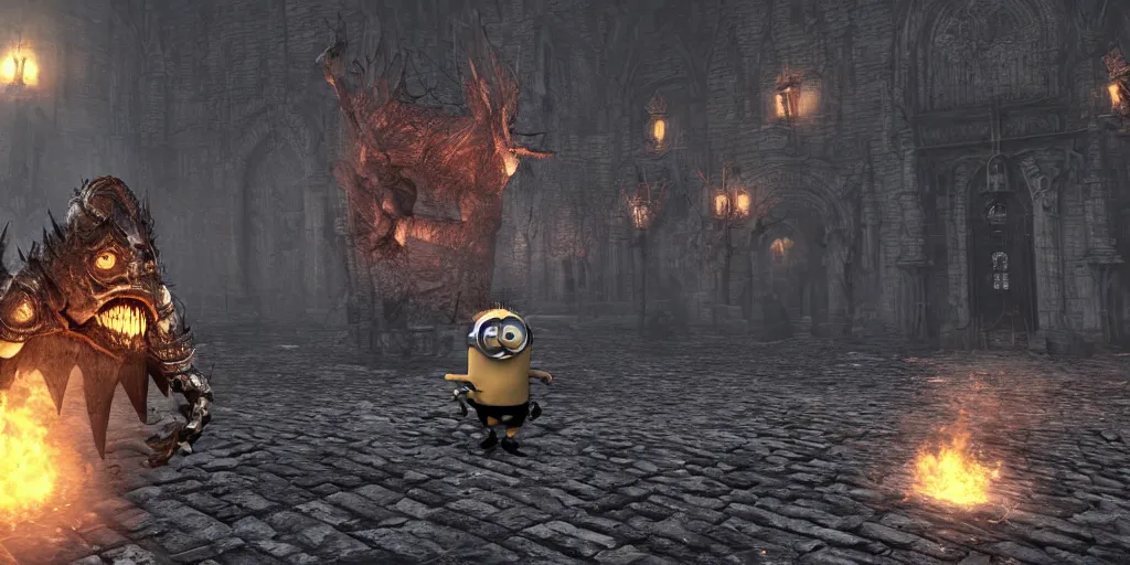 Image similar to minion as a darksouls boss, horror, hd, screenshot,