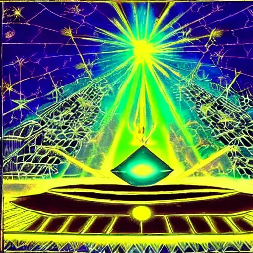 Prompt: The occult knowledge of the unity of man and universe delivered by Thoth in an emerald explosion, revelations and truth abound, the true light has been shown
