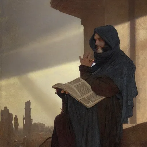 Image similar to half portait of magican wearing a closed cowl and big old book! chained to the wrist, jeremy mann, jean - leon gerome, tiepolo, alphonse mucha, greg rutkowski, face in the shadows, ( ( ruins of ancient rome ) ), at dusk, mysterious atmosphere, sunrays, dof, high detailed, 8 k