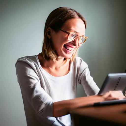 Prompt: Woman feeling extreme joy using a computer, Candid shot, Canon EOS