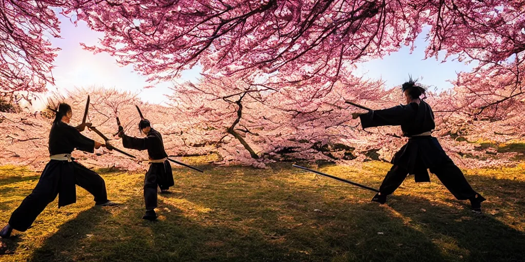 Prompt: samurai duel, both samurai have katana drawn, in a fighting pose, sunset in the background, cherry trees blossoming and Japanese maple trees, autumn, professional photo