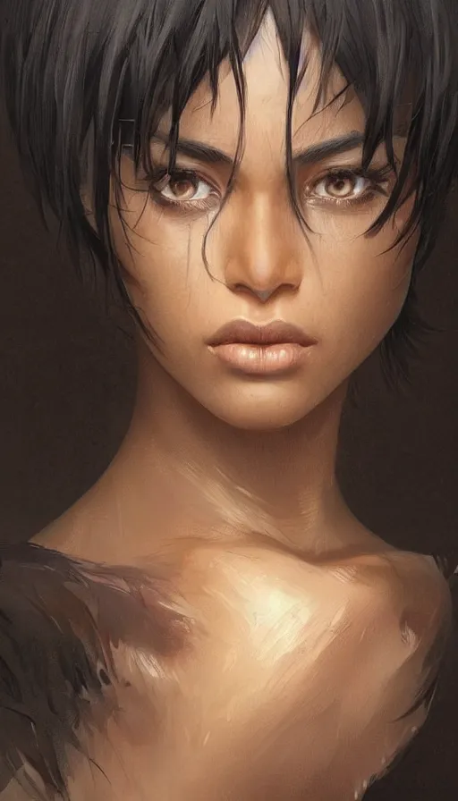 Prompt: woman with short, spiky black hair and dark skin, slanted amber eyes, long thin scar on her face. highly detailed, digital painting, artstation, concept art, sharp focus, beautiful face, expressive eyes, illustration, art by Artgerm and greg rutkowski and alphonse mucha