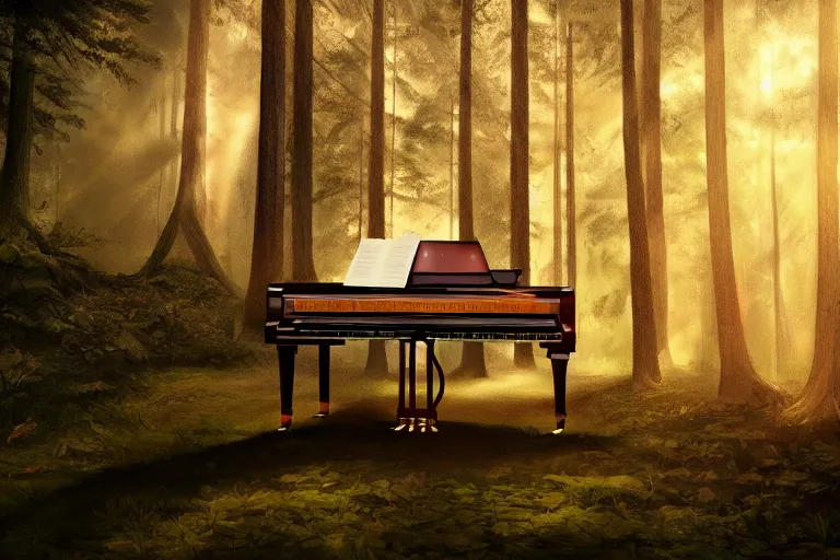 Prompt: a piano standing in the forest, beautiful dynamic lighting, cinematic, wide angle establishing shot, extremely high detail, cinematic lighting, post processed, concept art, artstation, matte painting